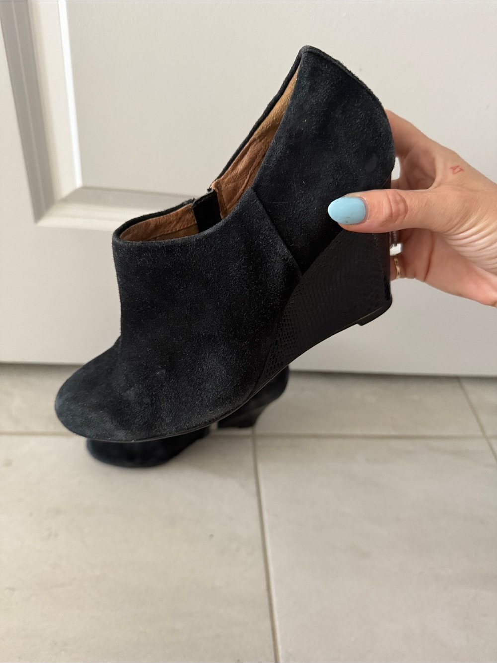 Clarks Black Suede Wedge Booties